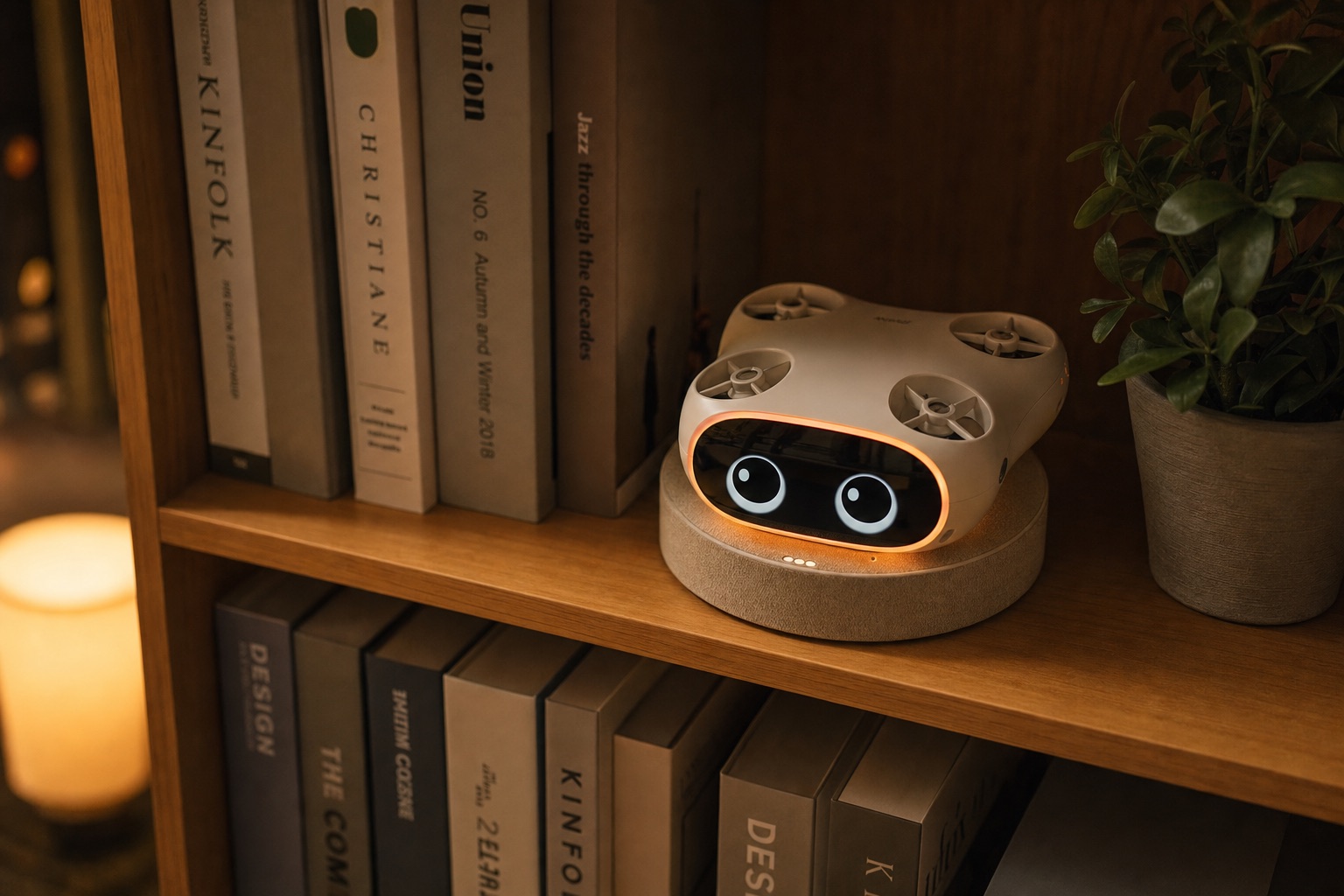 Piko docked on its charging nest on a bookshelf